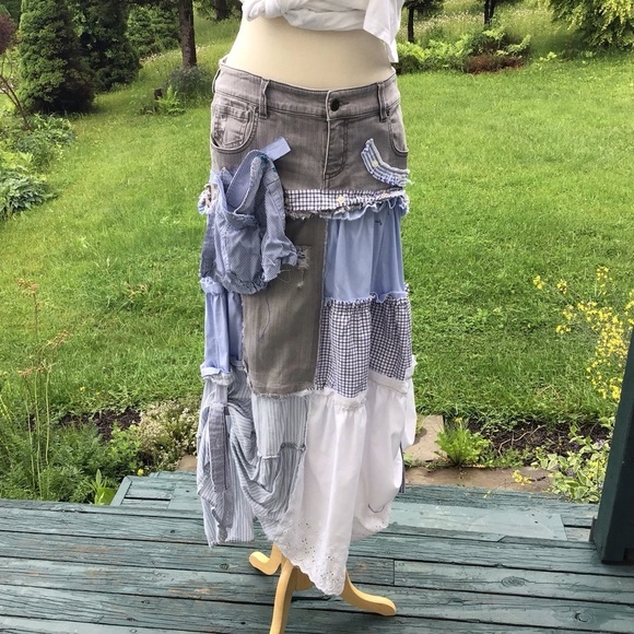 Boho up-cycled tiered patchwork jean mens shirts white eyelet maxi skirt M/L - Picture 2 of 9